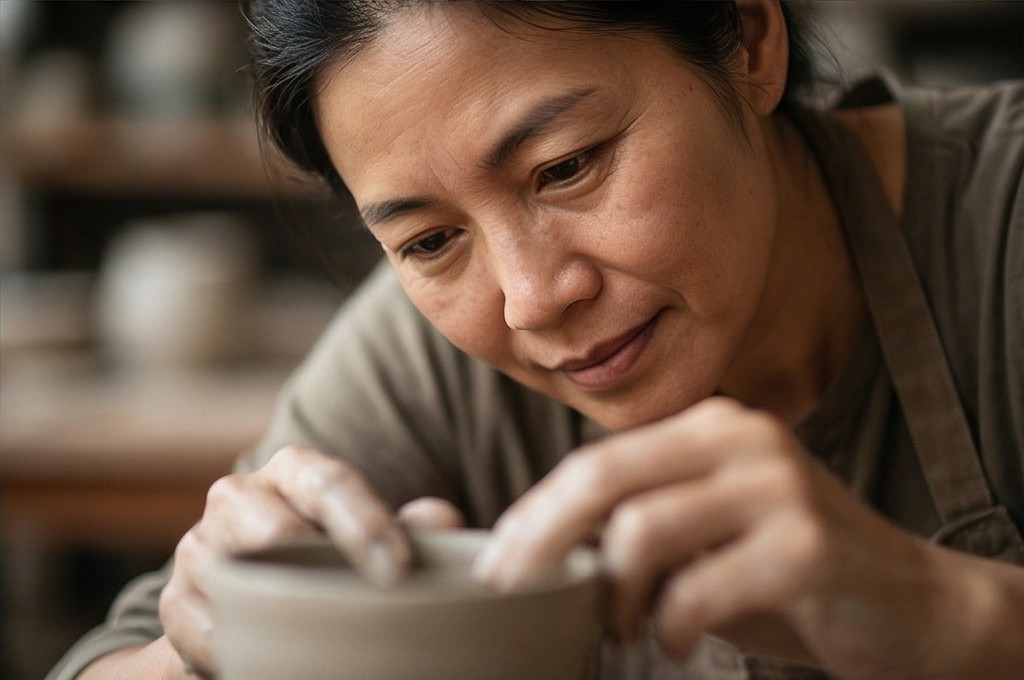 도자기에 몰입한 평온한 얼굴