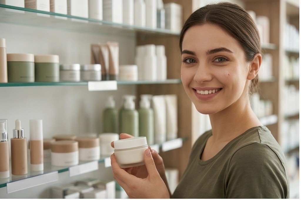 제품을 들고 웃는 모델