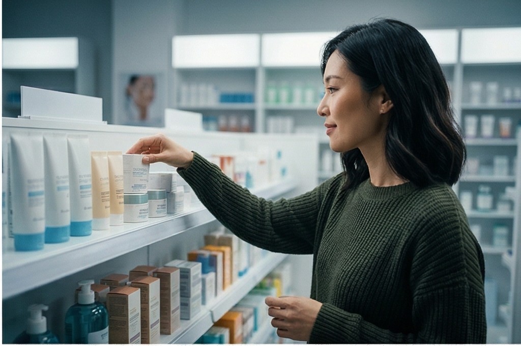 약국에서 화장품 고르는 여성