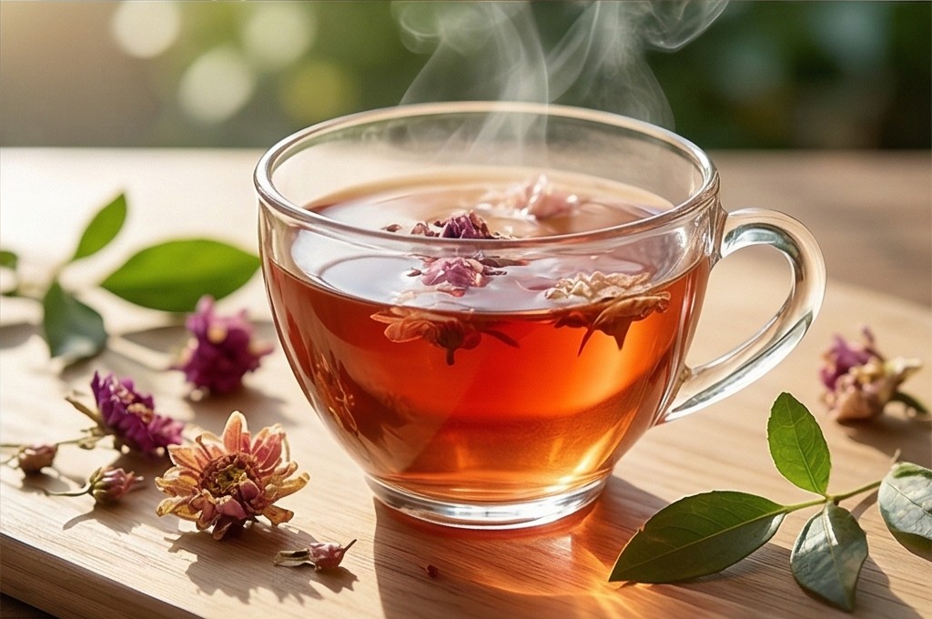 따뜻한 찻잔 속 붉은 꽃잎