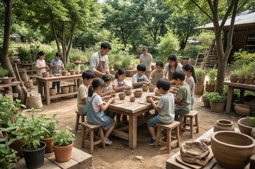 야외 공방에서 흙 빚는 아이들