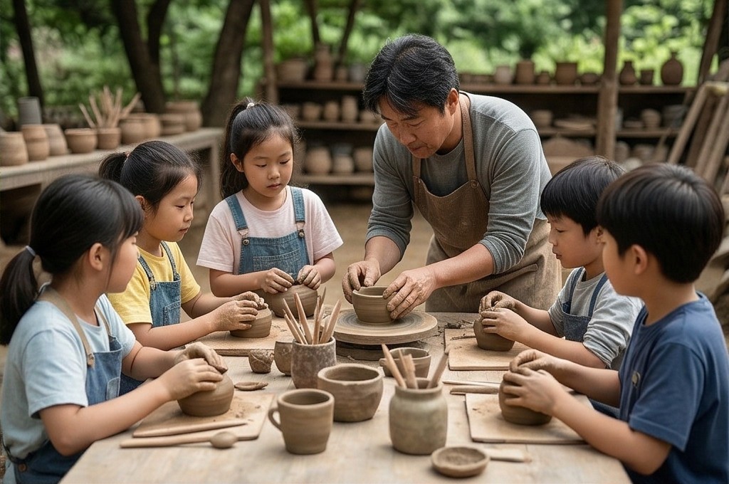 선생님 지도 아래 흙 작업