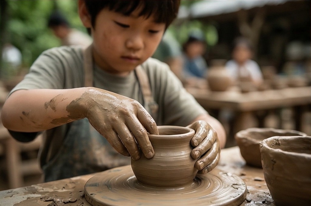 흙을 빚는 아이의 집중