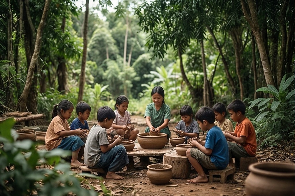 아이들이 숲에서 토분 빚는 모습