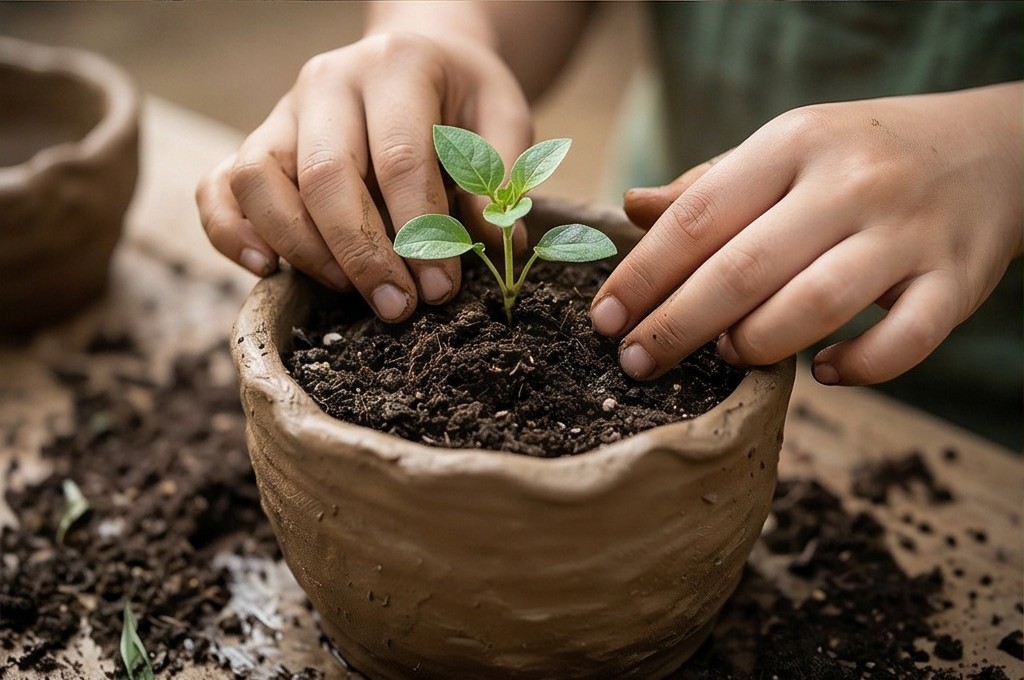 새싹을 심는 아이의 손