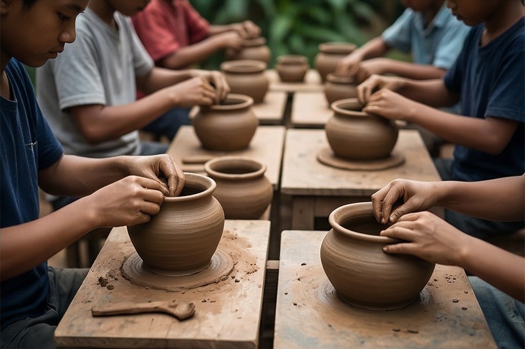 아이 손이 진흙으로 옹기 빚는 모습