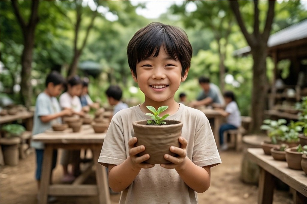 새싹 화분 든 아이의 미소