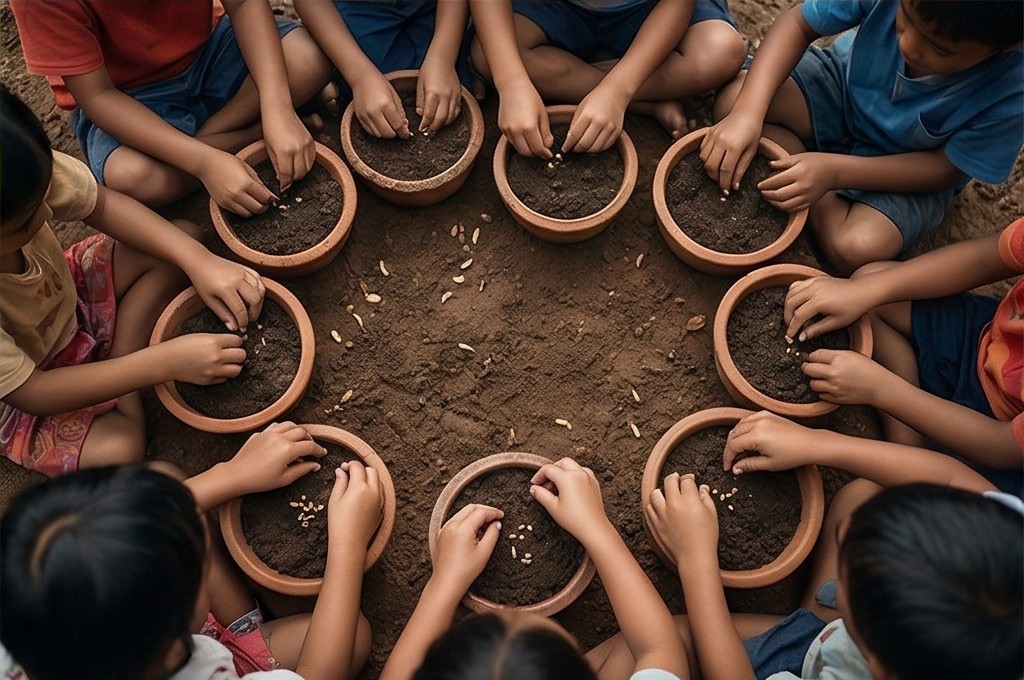 아이들이 토분에 씨앗 심는 모습