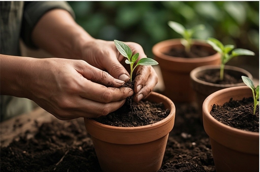 어린 식물 심는 정성스러운 손길