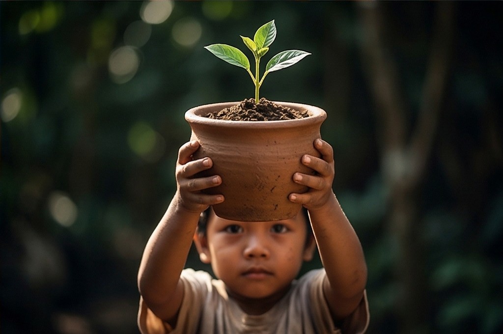 아이가 키운 식물 화분 들어 올린 모습