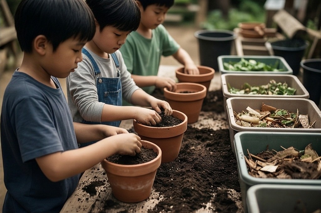 토분에 흙 채우는 아이들