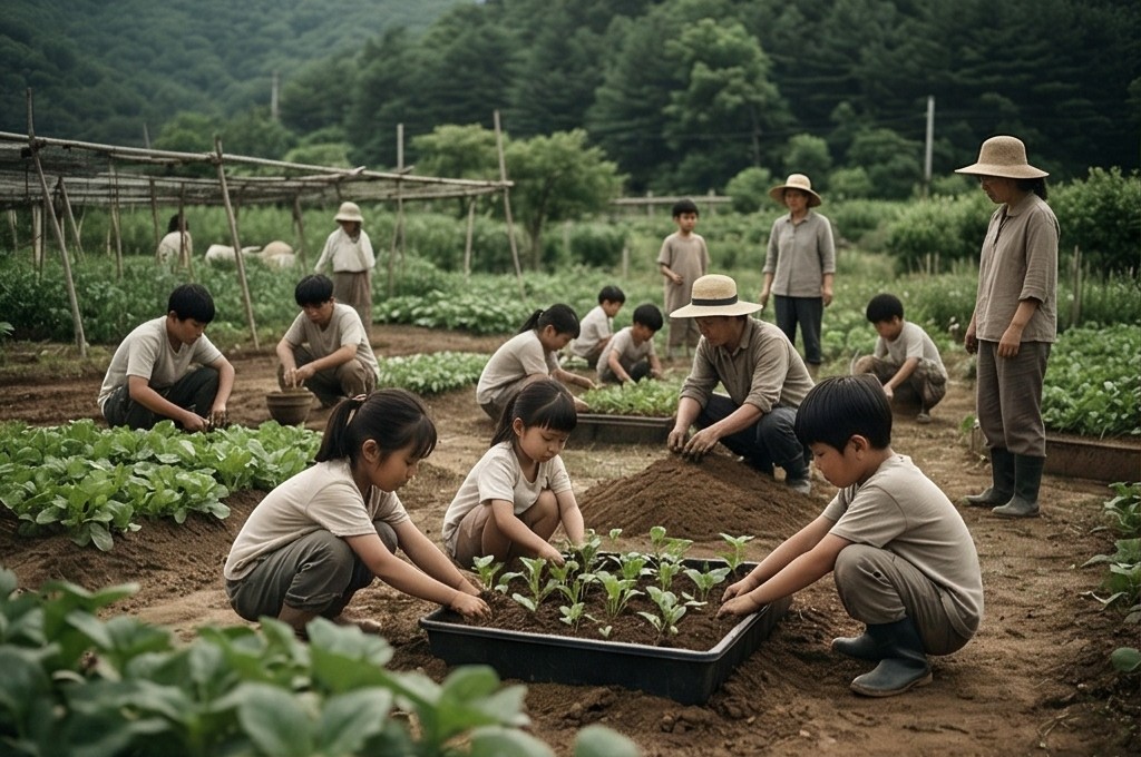 아이들과 어른들이 텃밭 일구는 모습