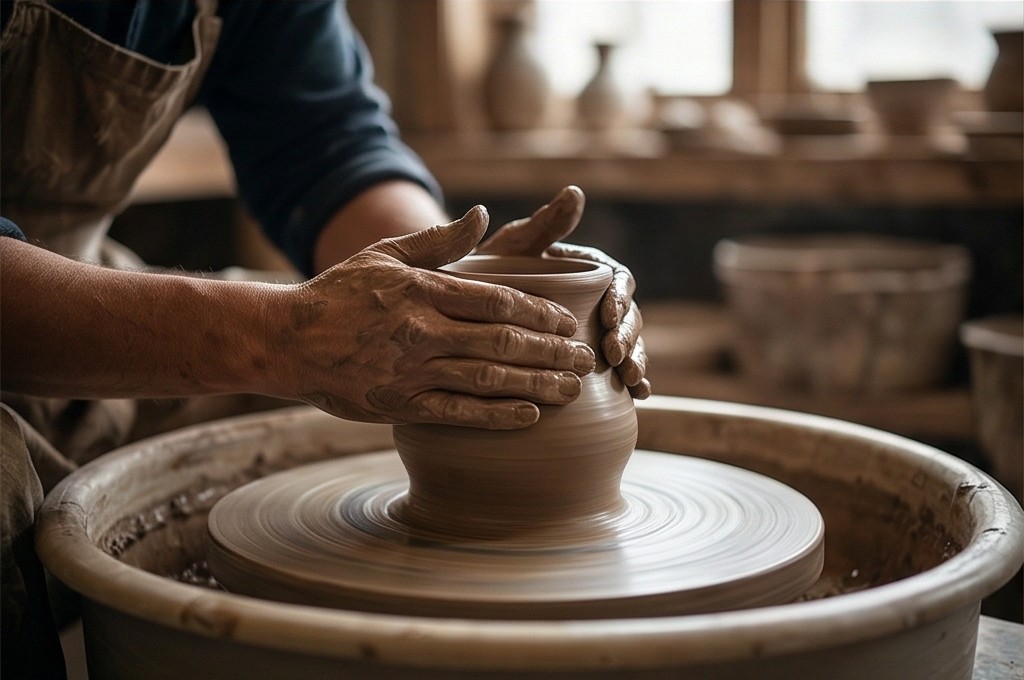 물레로 흙 빚는 장인의 손