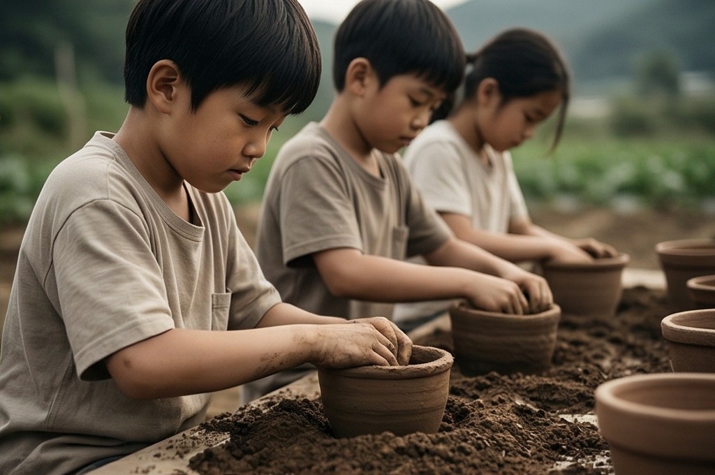 아이들이 토분에 흙 채우는 모습