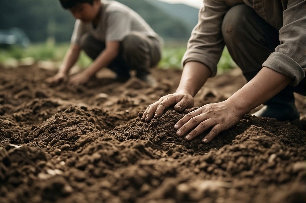 두 손으로 비옥한 흙 만지는 모습
