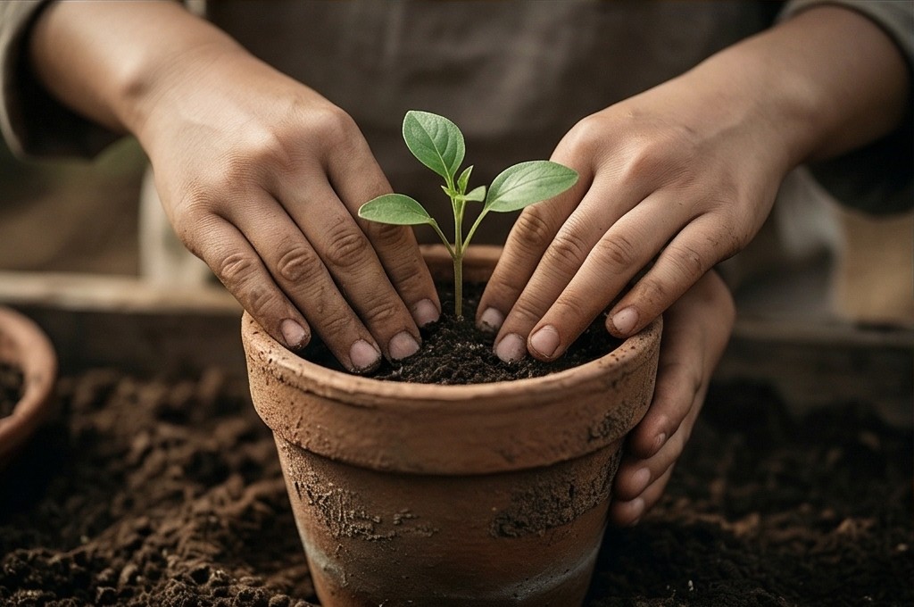 어린 식물을 조심스럽게 돌보는 손