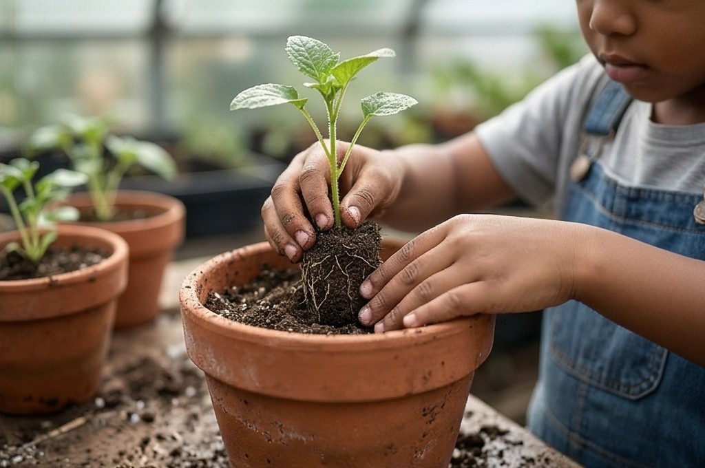 모종을 심는 아이의 손