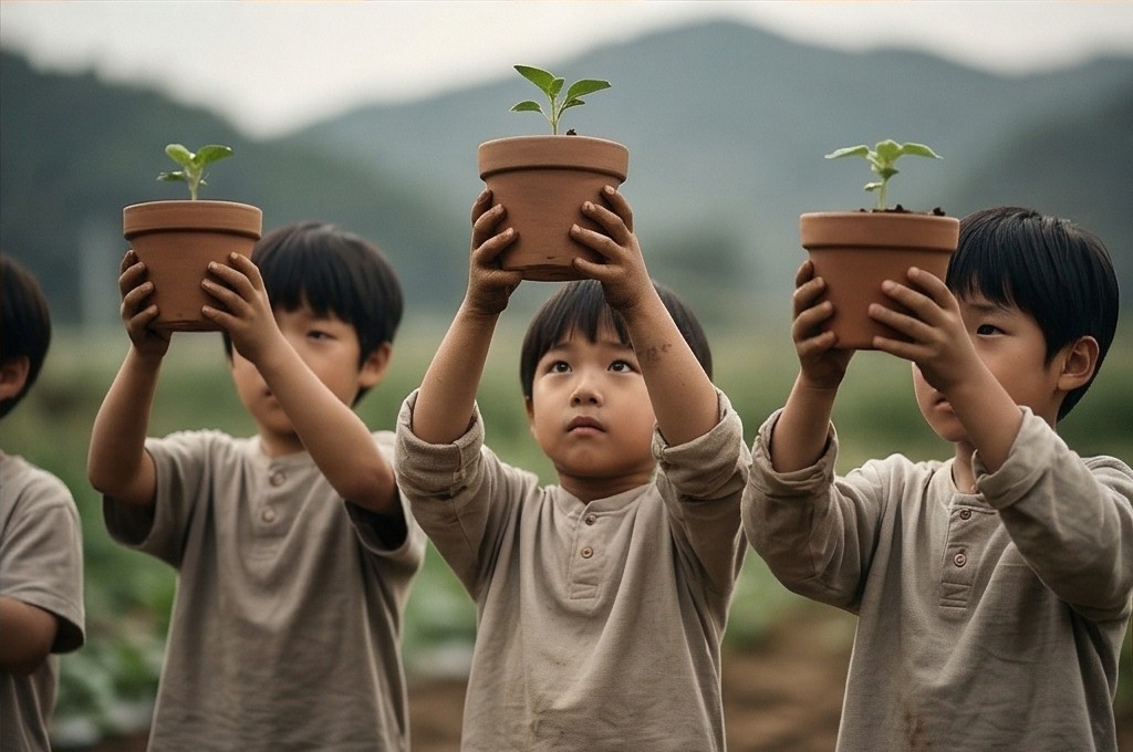 아이들이 화분 들고 미래를 꿈꾸는 모습