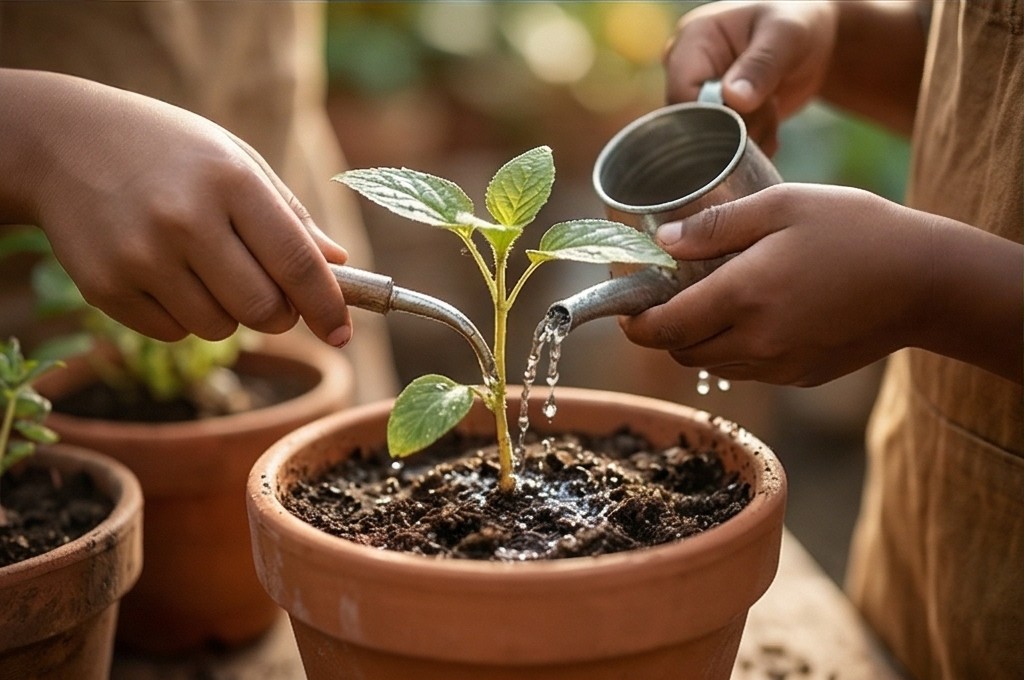 새싹에 물 주는 아이들
