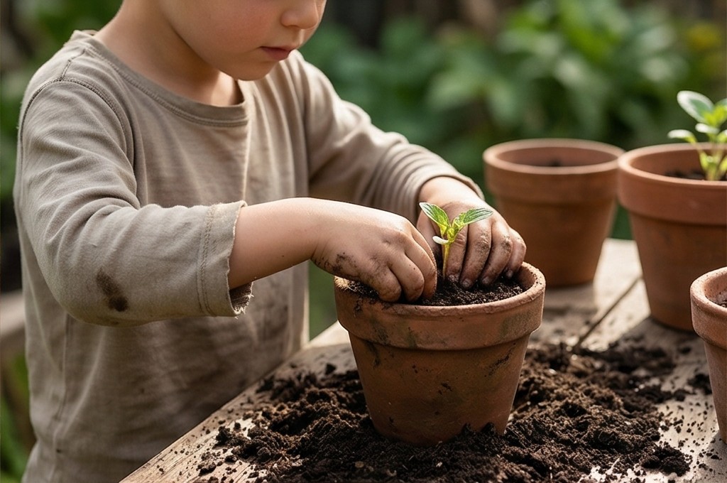 식물 만지는 아이의 손