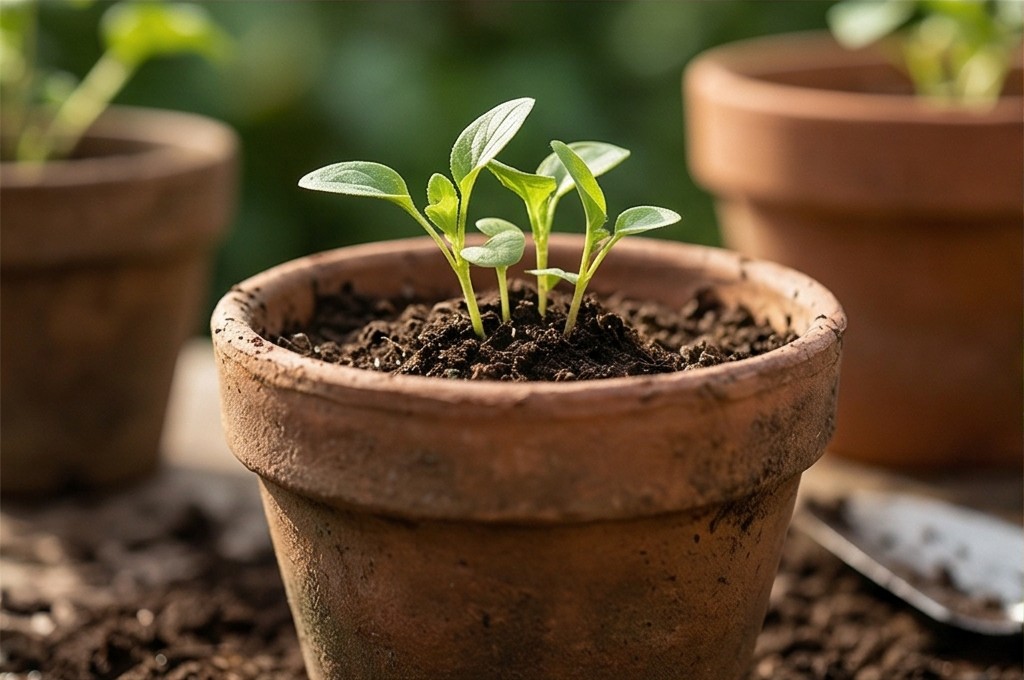 토기 화분 속 작은 새싹