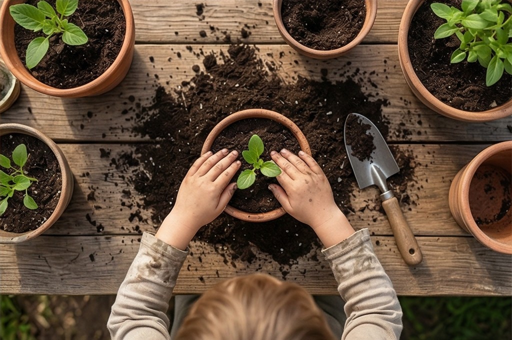 모종 심는 아이의 손길