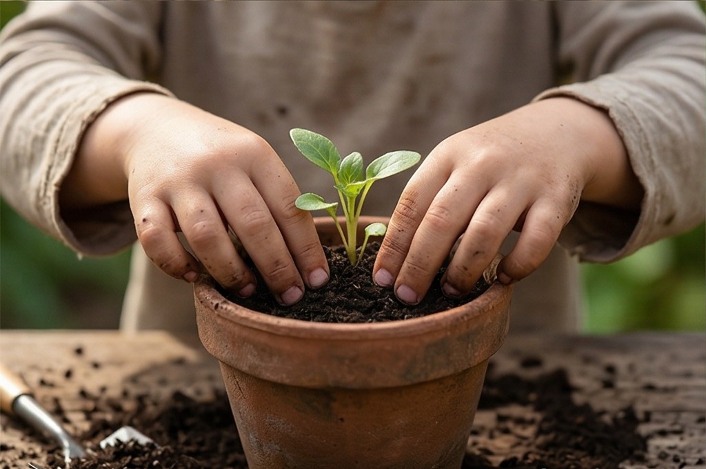 식물 뿌리 다독이는 손