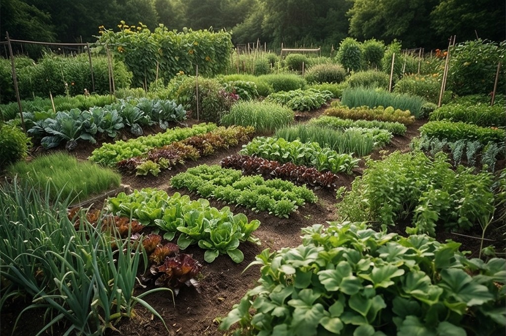 풍성하게 자라난 유기농 텃밭 전경