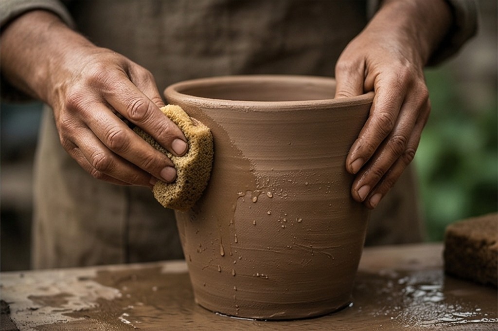 흙 화분 표면 다듬기