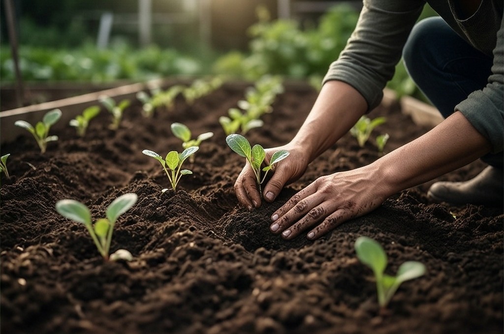 흙 묻은 손으로 새싹을 보살피는 모습