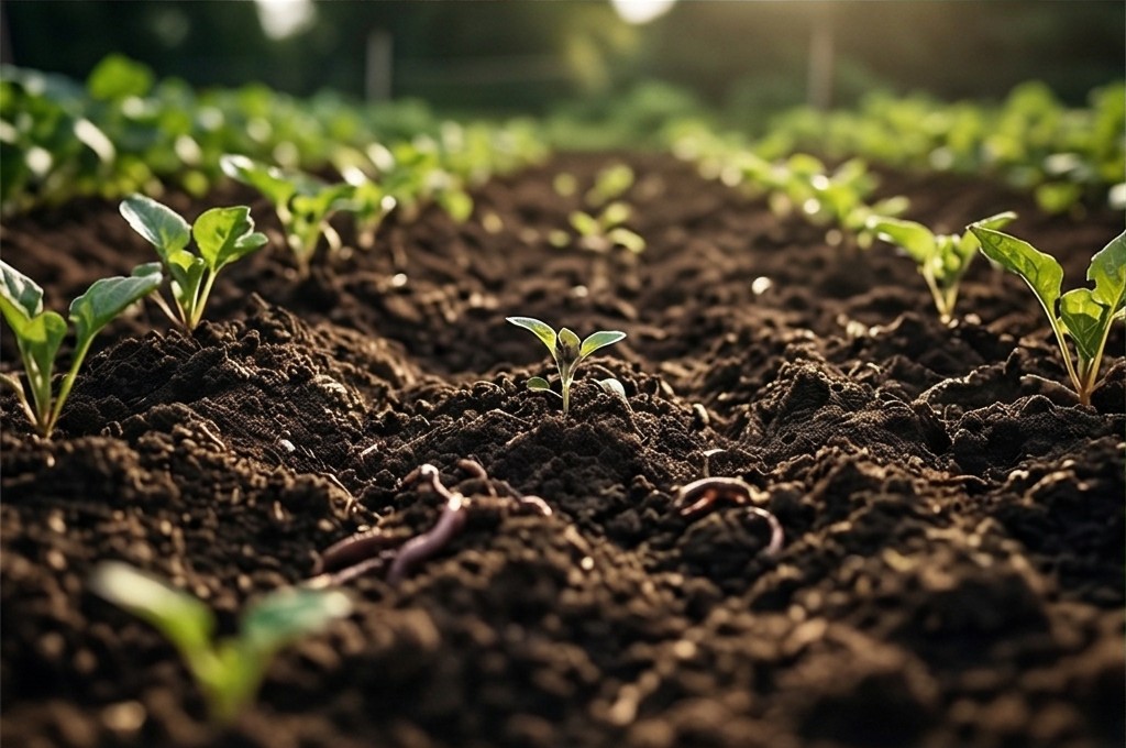 흙 속에서 자라나는 새싹과 지렁이