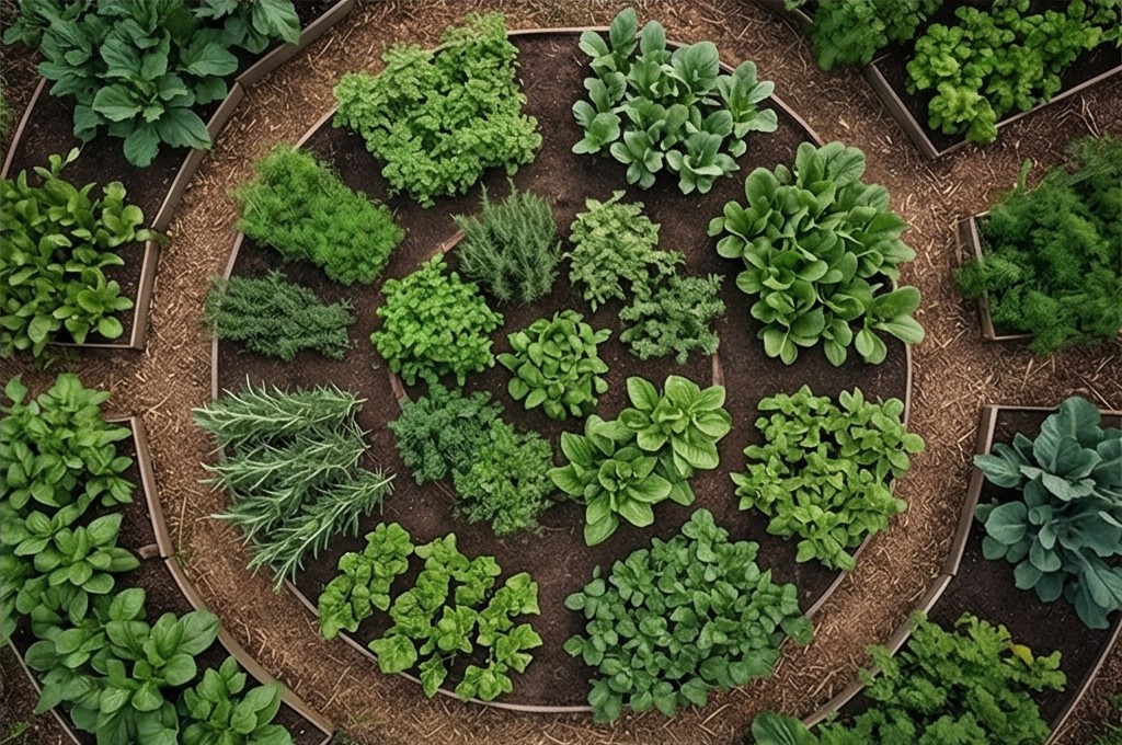 다양한 허브와 채소 텃밭 전경