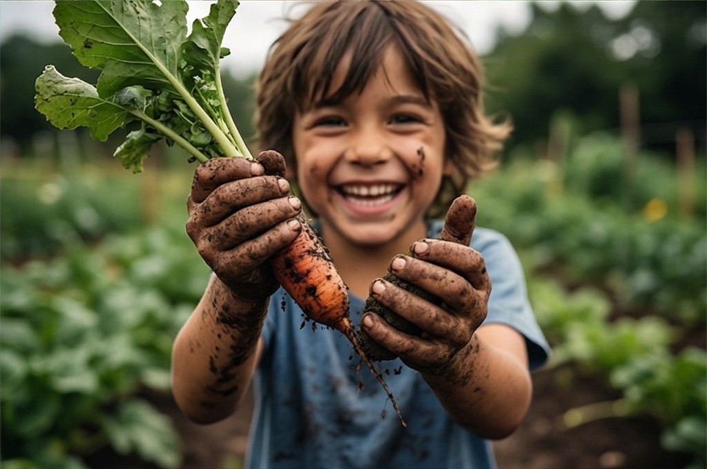 흙 묻은 얼굴로 당근을 들고 웃는 아이