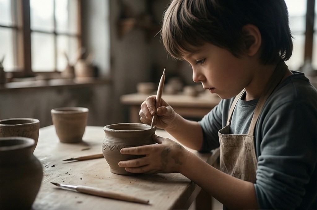 흙 도자기 만드는 아이