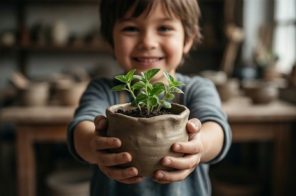 화분 들고 웃는 아이
