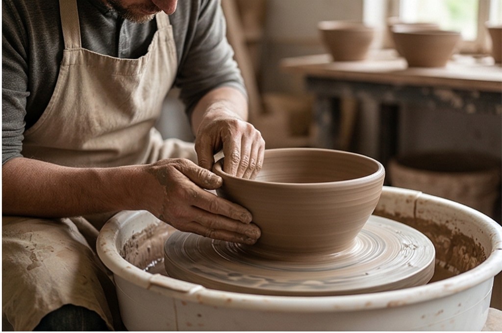 물레로 화분 빚는 손길