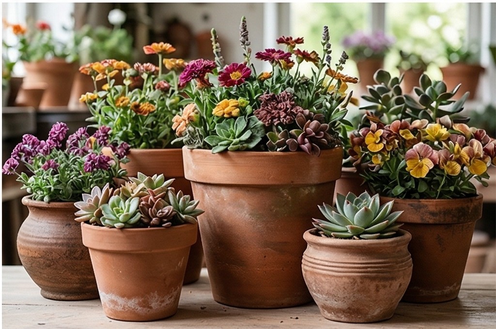 다양한 꽃과 식물 화분
