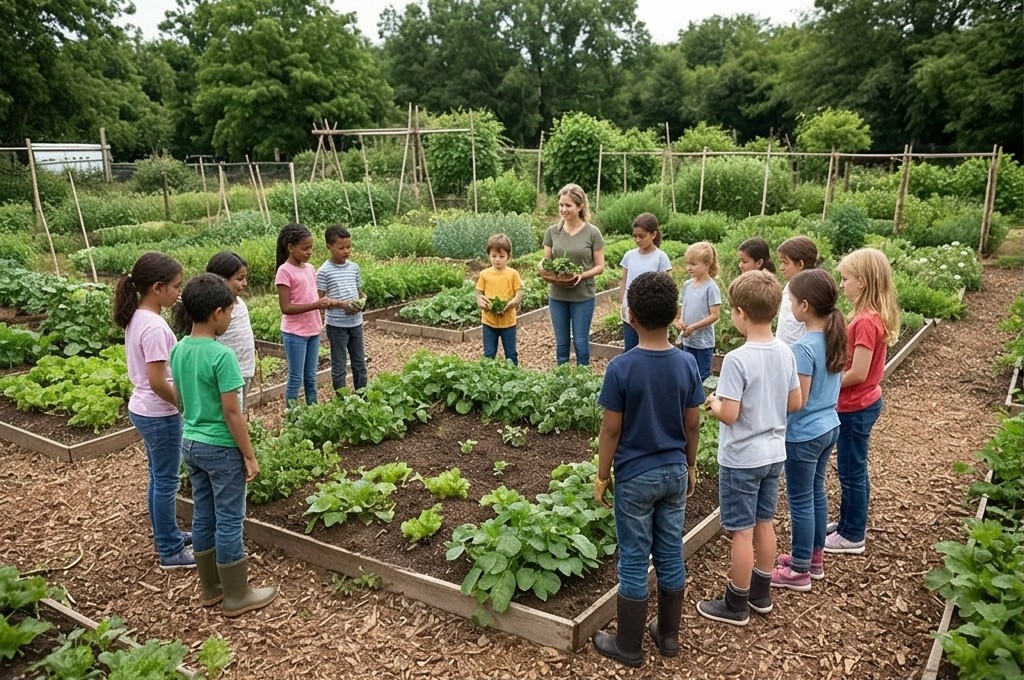 아이들이 텃밭에서 생태 교육 받는 모습