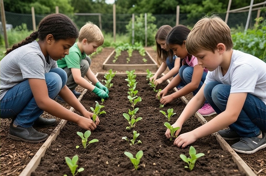 아이들이 텃밭에 모종을 심는 모습