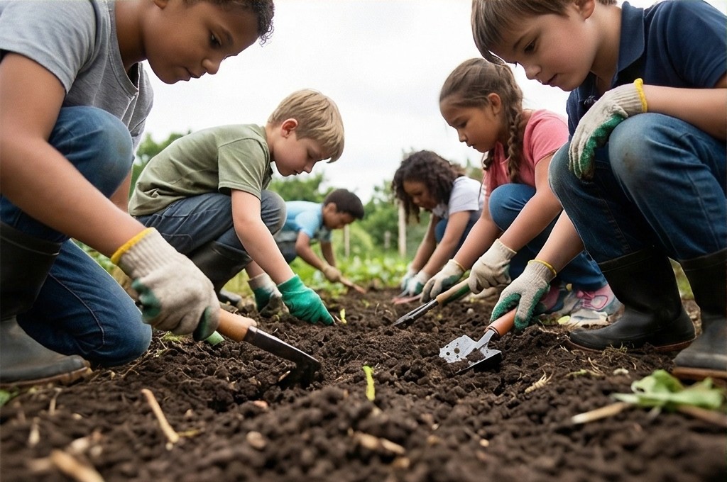 아이들이 흙을 일구고 모종 심는 모습