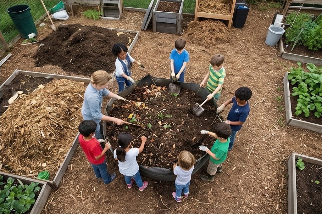 아이들이 퇴비함에서 흙을 섞는 모습