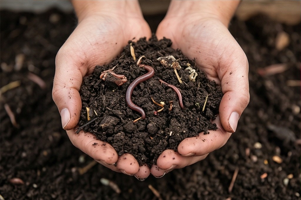 지렁이가 있는 건강한 흙을 든 손