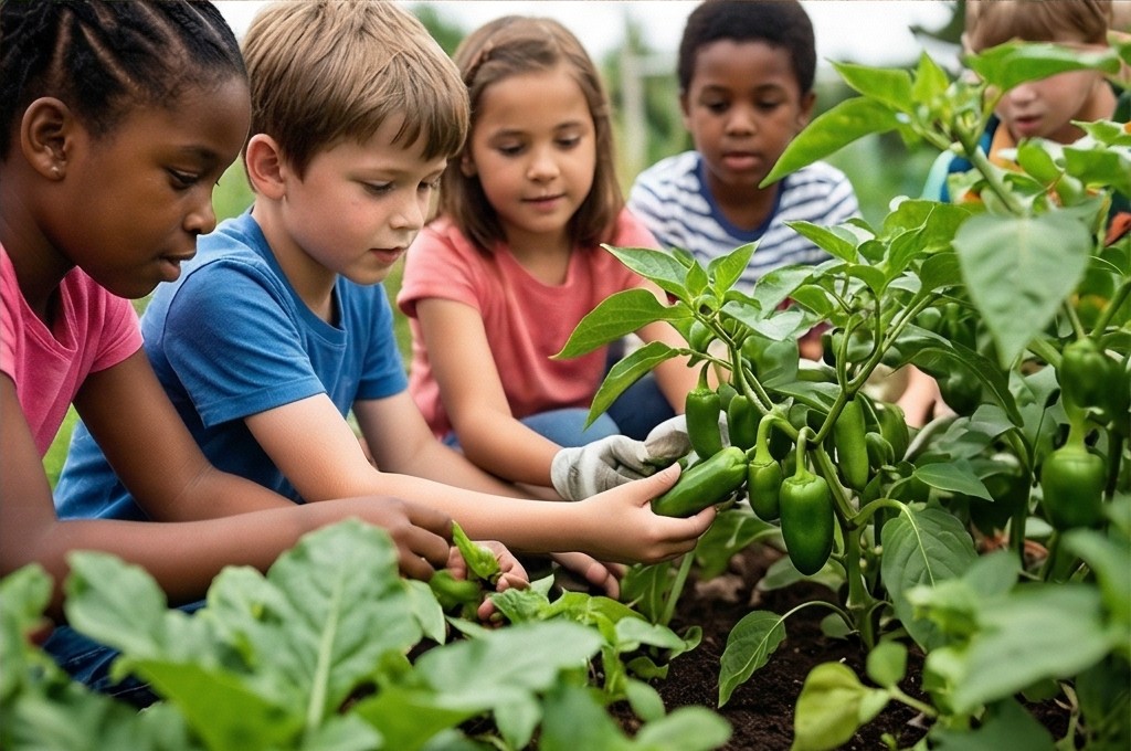 아이들이 텃밭에서 고추를 관찰하는 모습