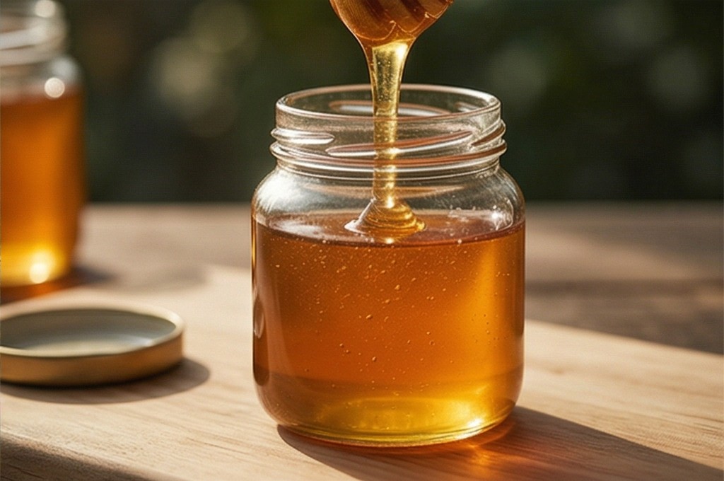 유리병에 꿀 채우는 모습