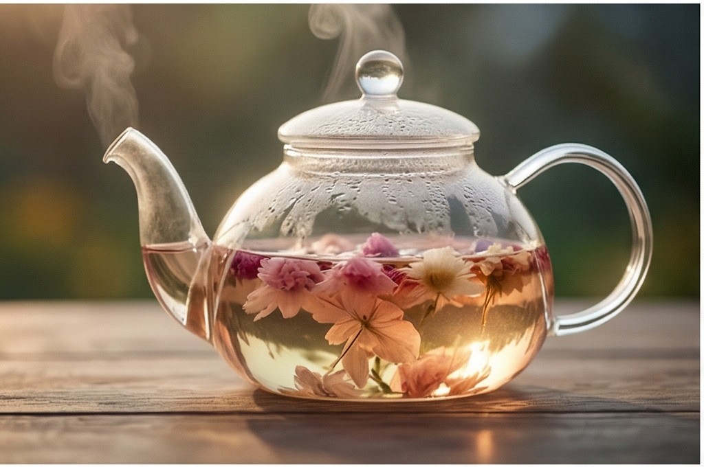 티팟에서 피어나는 꽃