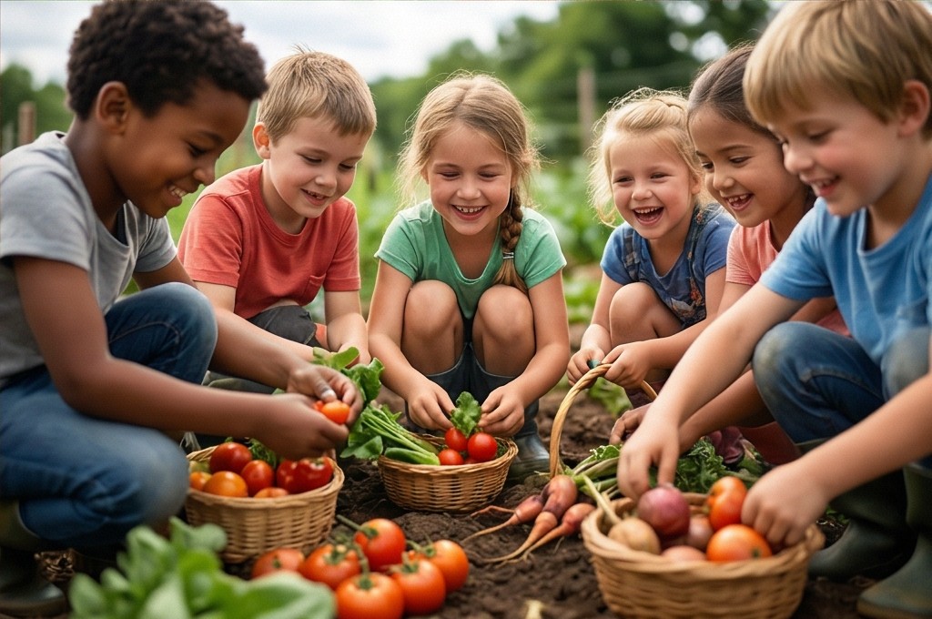 아이들이 갓 수확한 채소를 바구니에 담는 모습