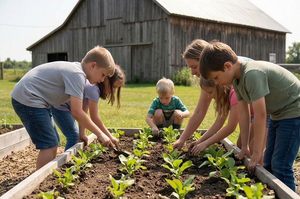 아이들이 텃밭에서 식물을 관찰하는 모습