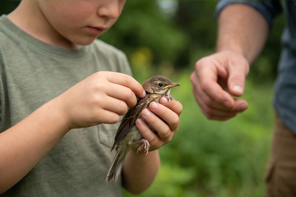 아이의 손 위에 작은 새가 앉아있는 모습