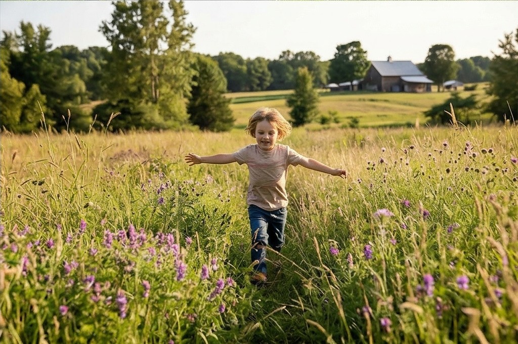 아이가 야생화 들판에서 자유롭게 뛰어노는 모습