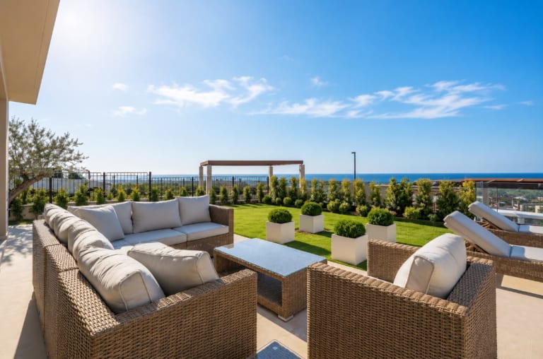 Loungeset bij een tuin met de zee op de achtergrond
